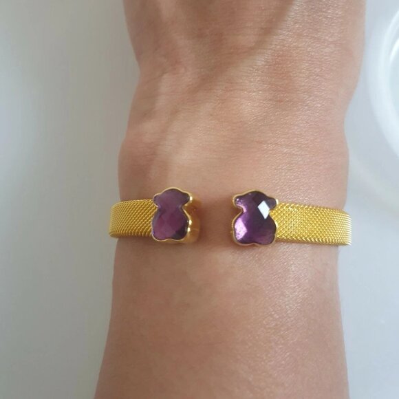 Tous Gold-Colored IP Steel Mesh Cuff Bracelet With Amethyst - Picture 1 of 8